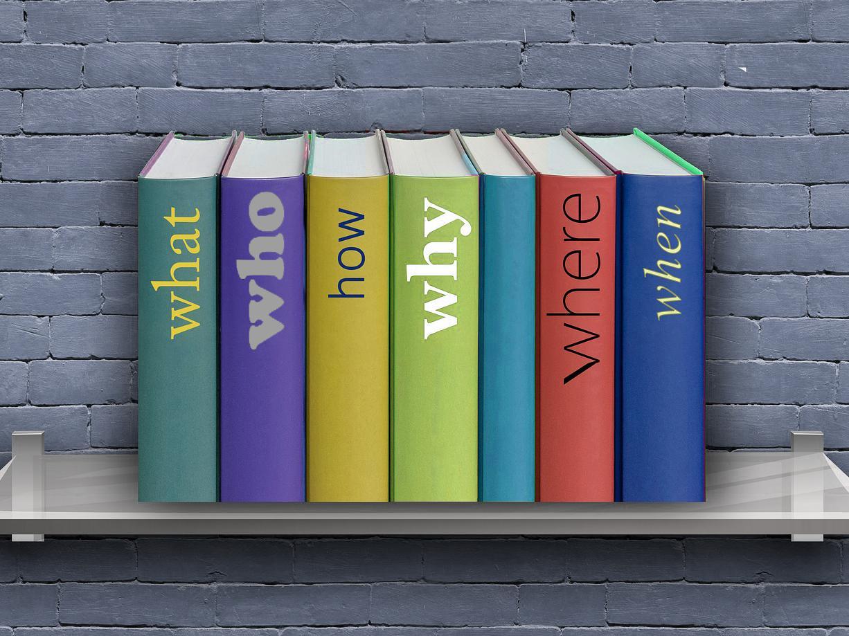 A bookshelf where each book is named after a question word.