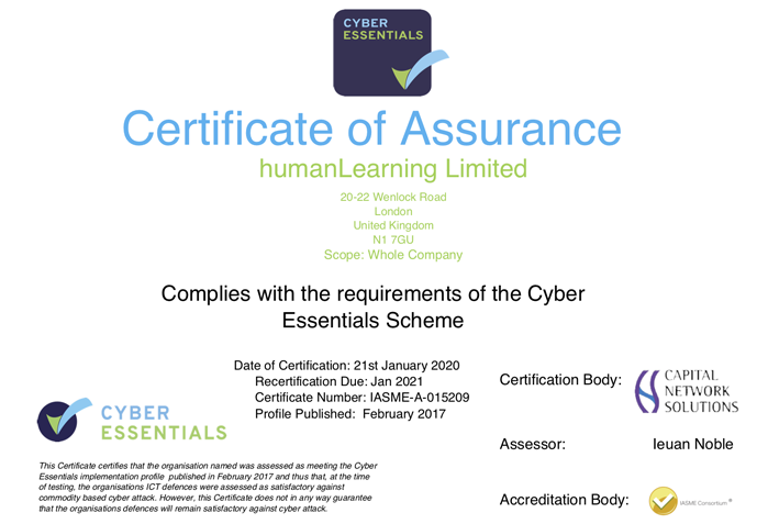 Cyber Essentials 2020 Certificate