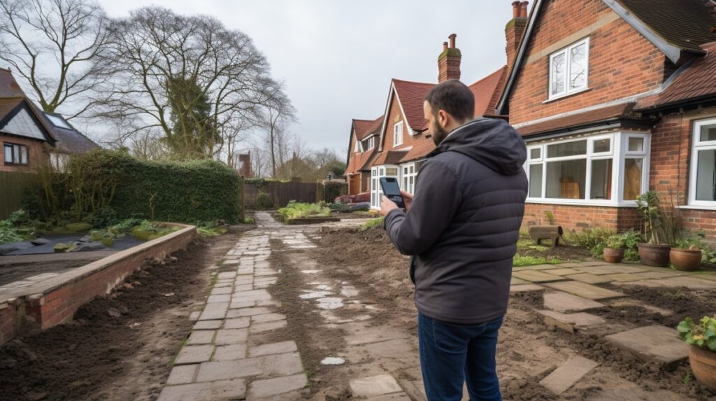 A man stands in front of a brick house. He is holding a mobile phone and filming a dug up road in front of him to provide to his energy utility