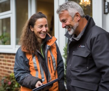 A female energy utilities engineer wearing an orange hi visibility jacket is talking to a middle aged customer in a grey jacket outside a property that is receiving a new power connection.